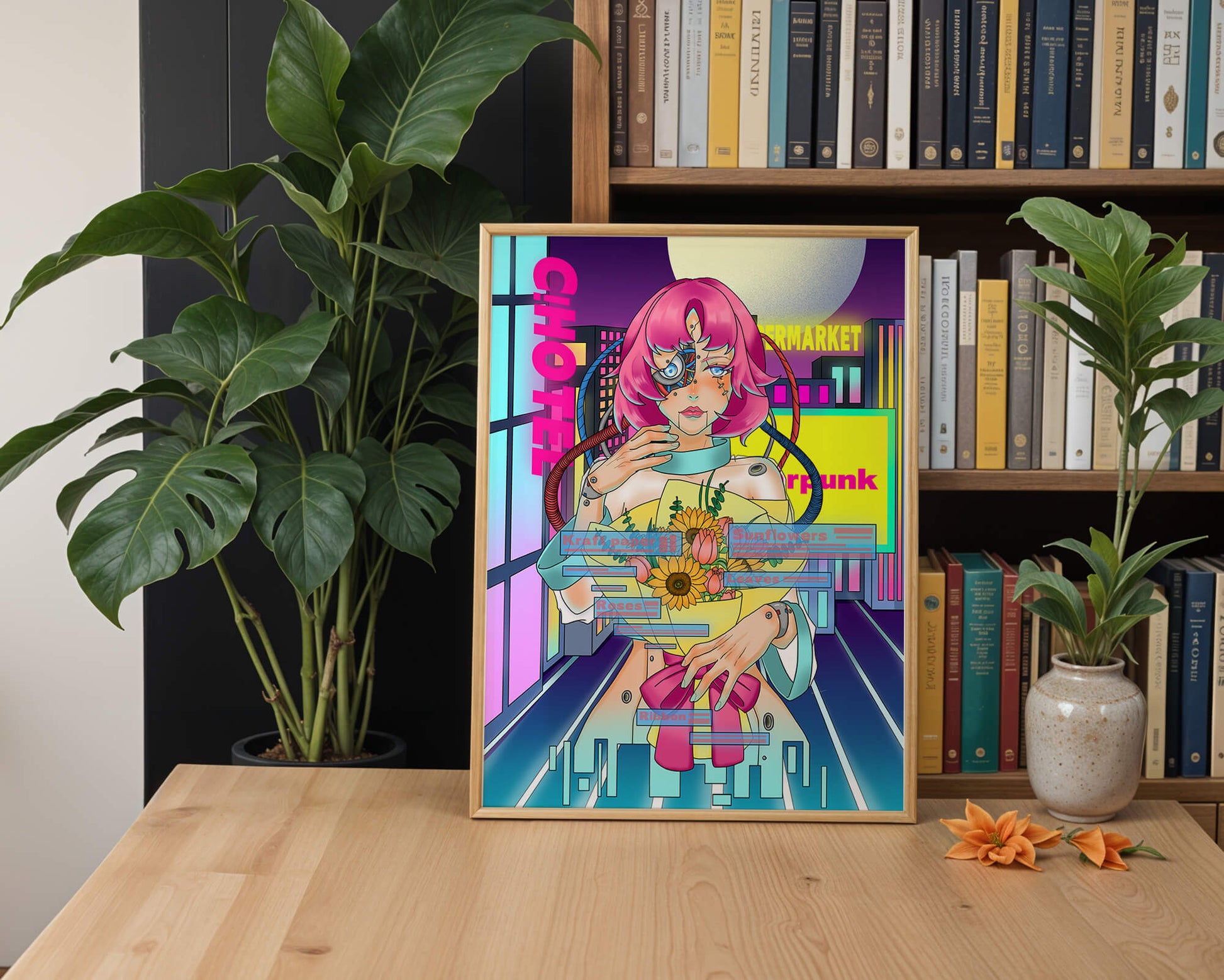 Futuristic cyberpunk woman with a bouquet of flowers in a neon cityscape
