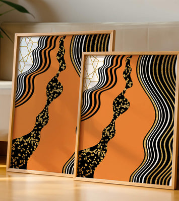 Artistic abstract design with wavy black lines and golden accents