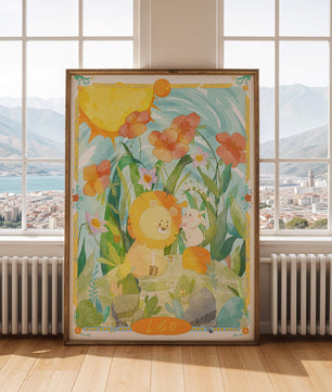 Charming watercolor illustration of lion and rabbit in a vibrant floral landscape