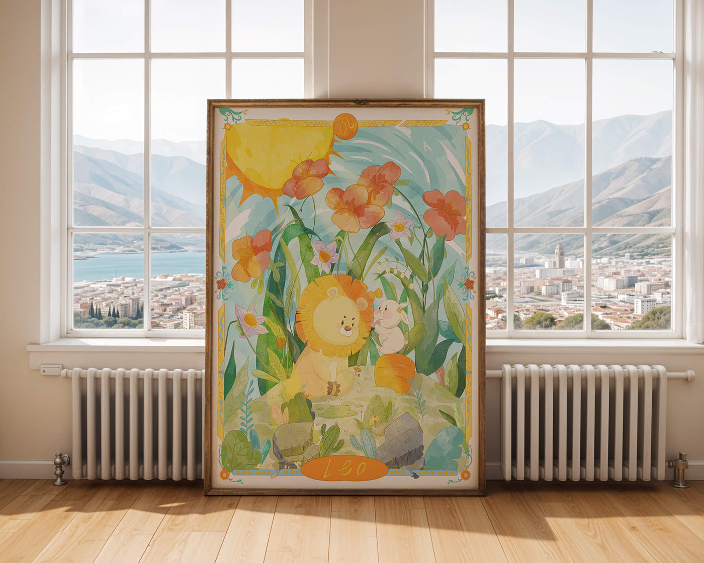 Charming watercolor illustration of lion and rabbit in a vibrant floral landscape