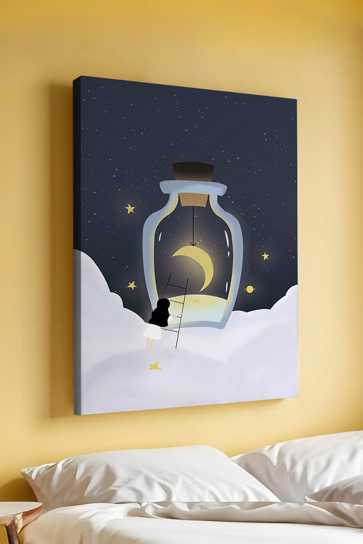 Fantasy Scene with Girl and Moon in a Bottle