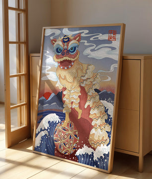 Traditionelle chinesische Löwentanzkunst mit malerischem Hintergrund