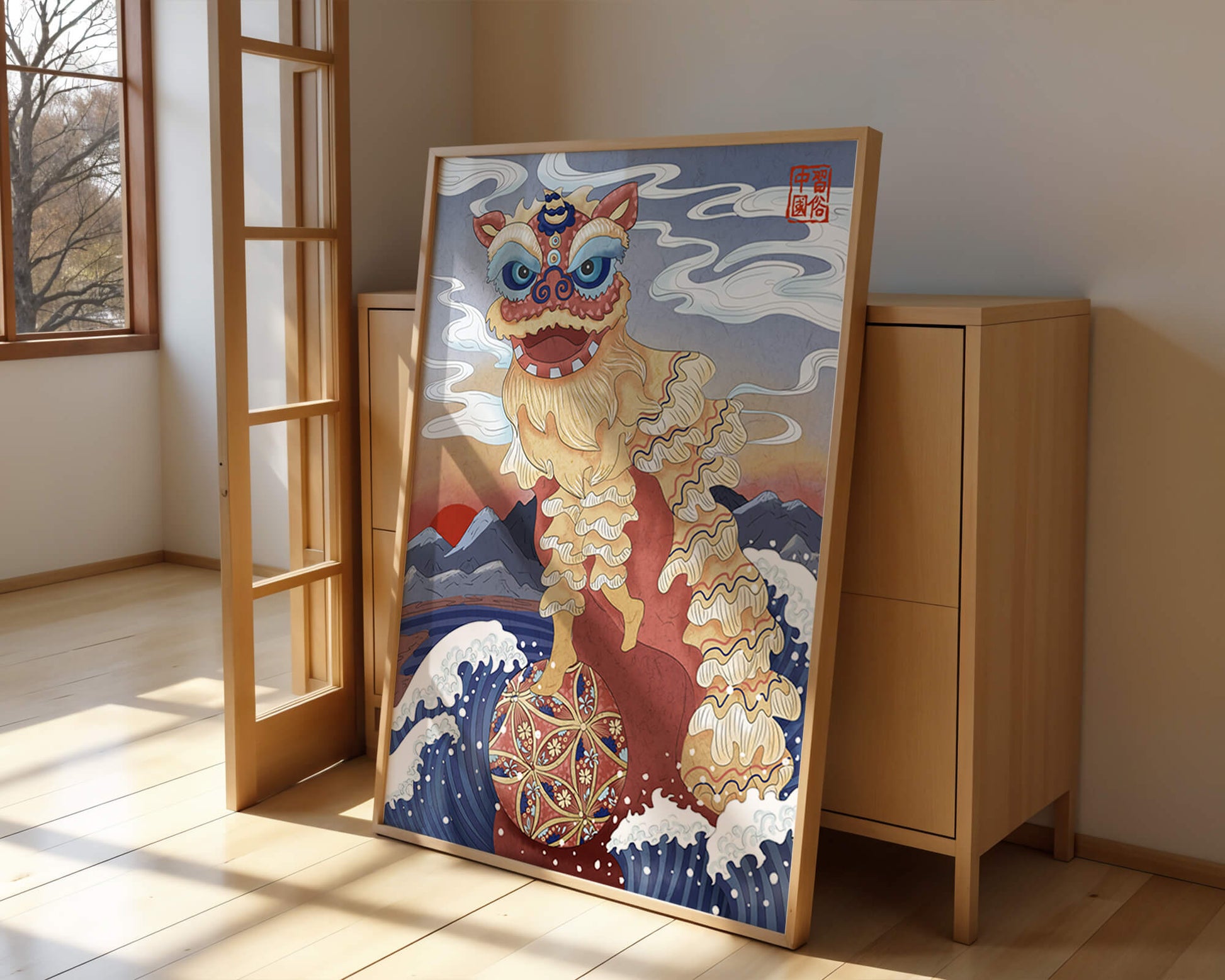 Traditionelle chinesische Löwentanzkunst mit malerischem Hintergrund