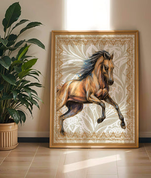 Elegant horse illustration with ornate golden frame
