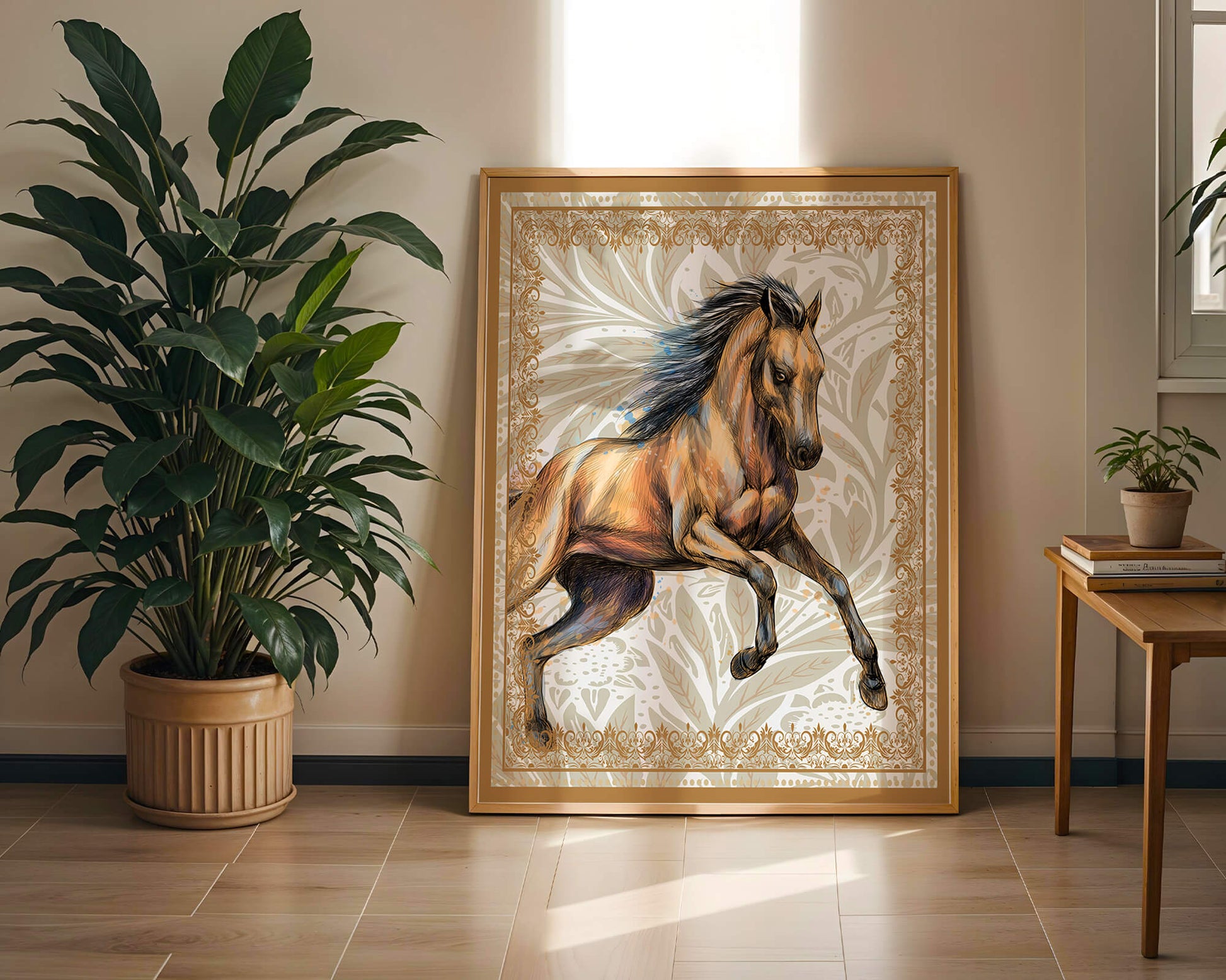 Elegant horse illustration with ornate golden frame
