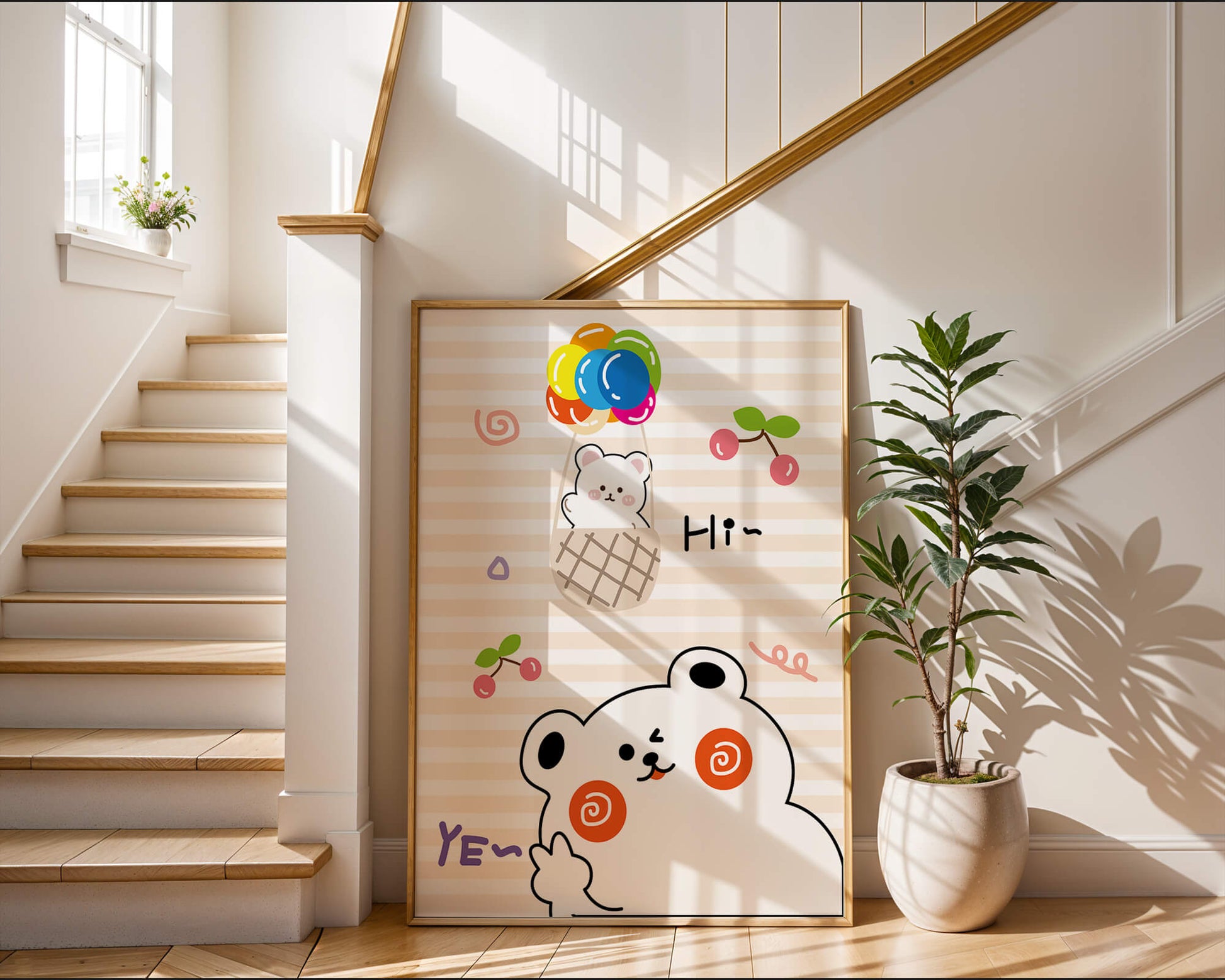 Adorable bears with colorful balloons and cherries on striped background