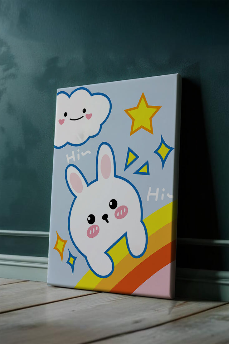 Whimsical cartoon bunny with cloud and rainbow theme