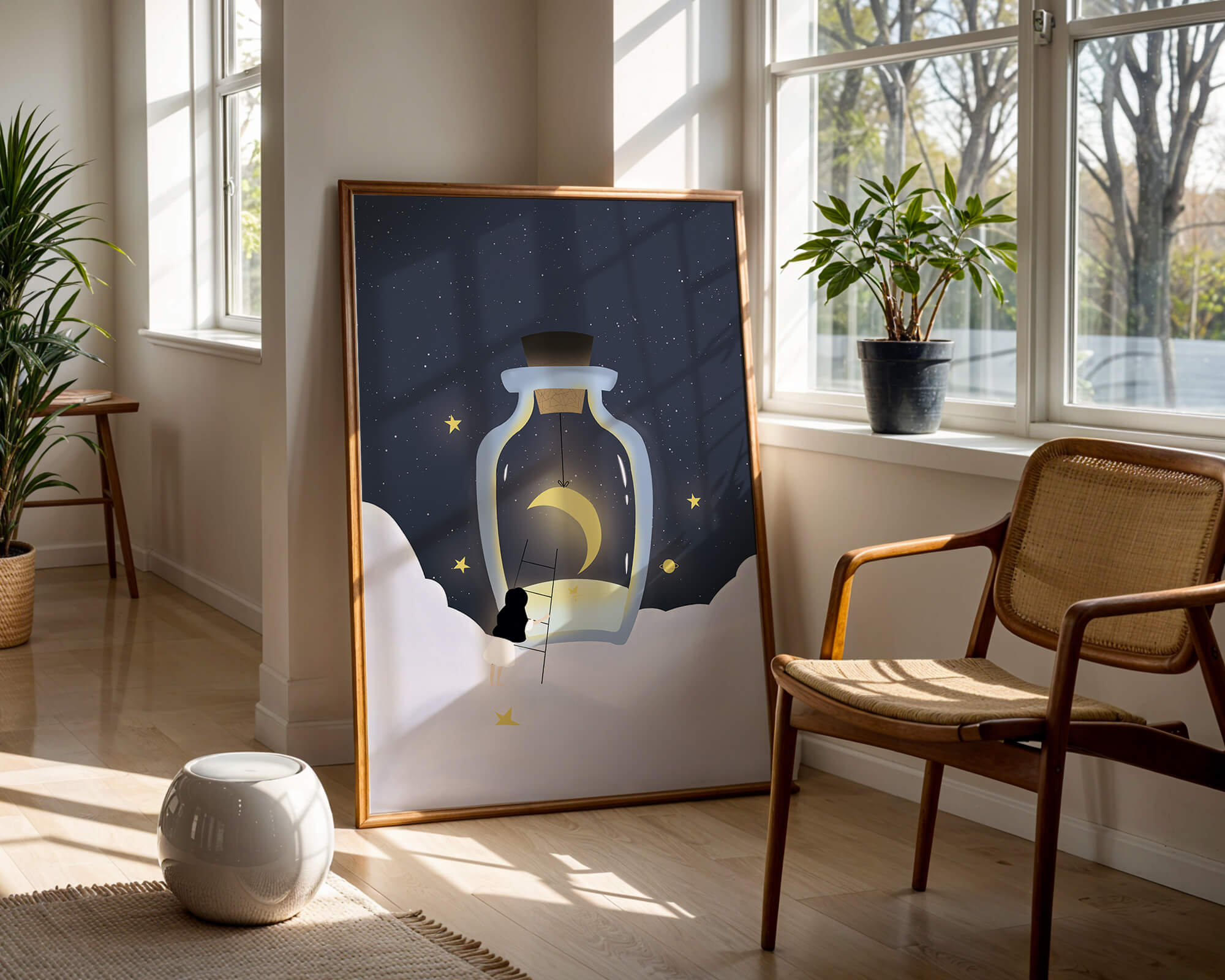 Fantasy Scene with Girl and Moon in a Bottle
