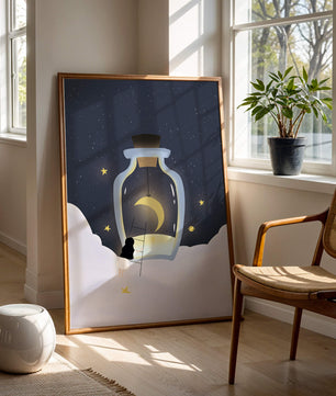 Fantasy Scene with Girl and Moon in a Bottle