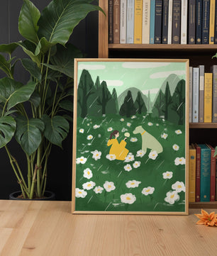 Woman and Dog in a Serene Rainy Meadow with Flowers