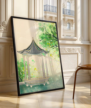 Serene garden pavilion amidst lush green trees and calm waters