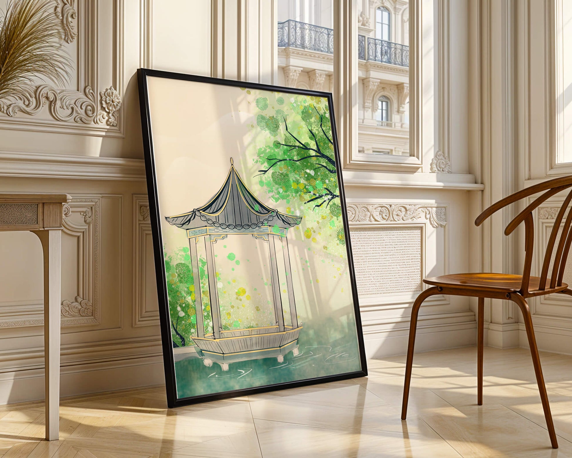 Serene garden pavilion amidst lush green trees and calm waters