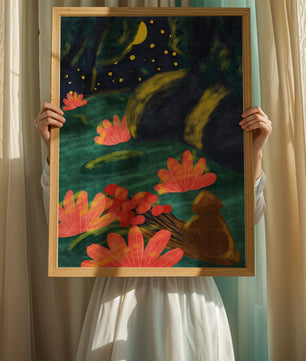 Mystical night garden with bright flowers and starlit sky