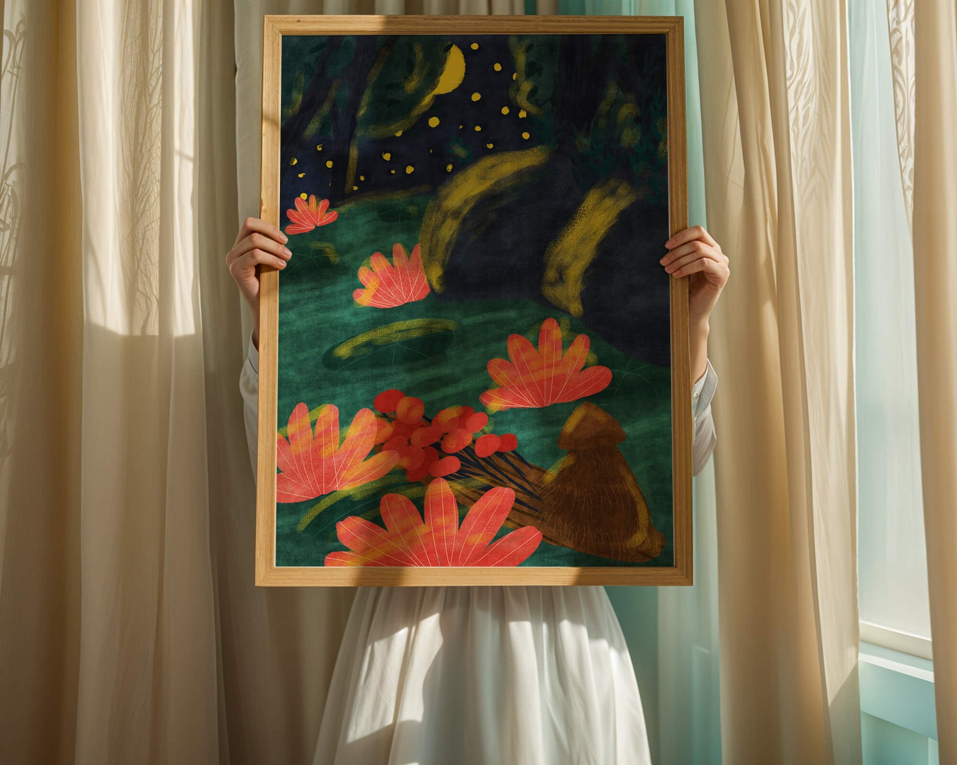 Mystical night garden with bright flowers and starlit sky