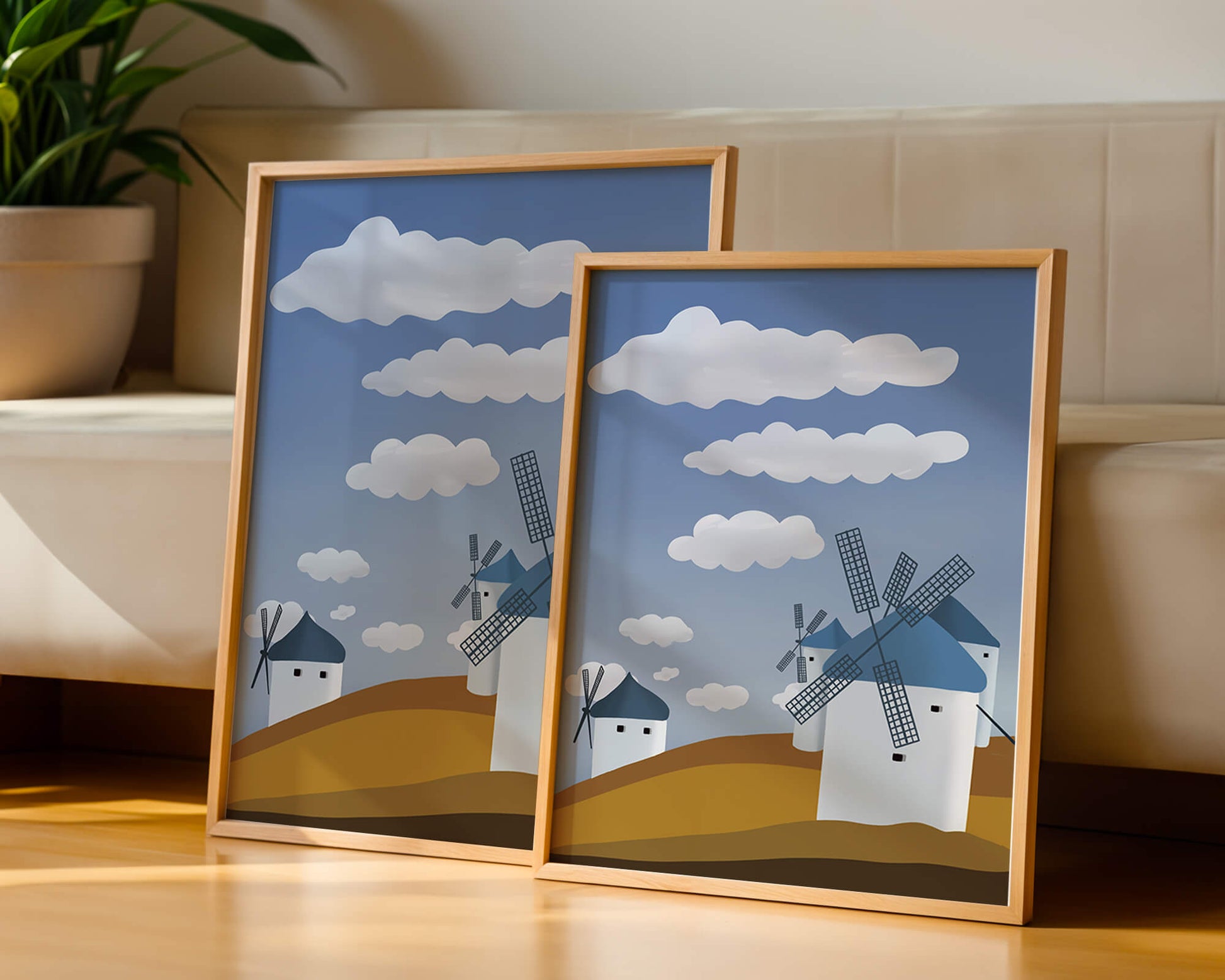 Scenic Windmills on a Sunny Day with Blue Skies and Clouds