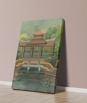 Traditional Japanese Garden Pavilion with Scenic Pond and Lush Greenery
