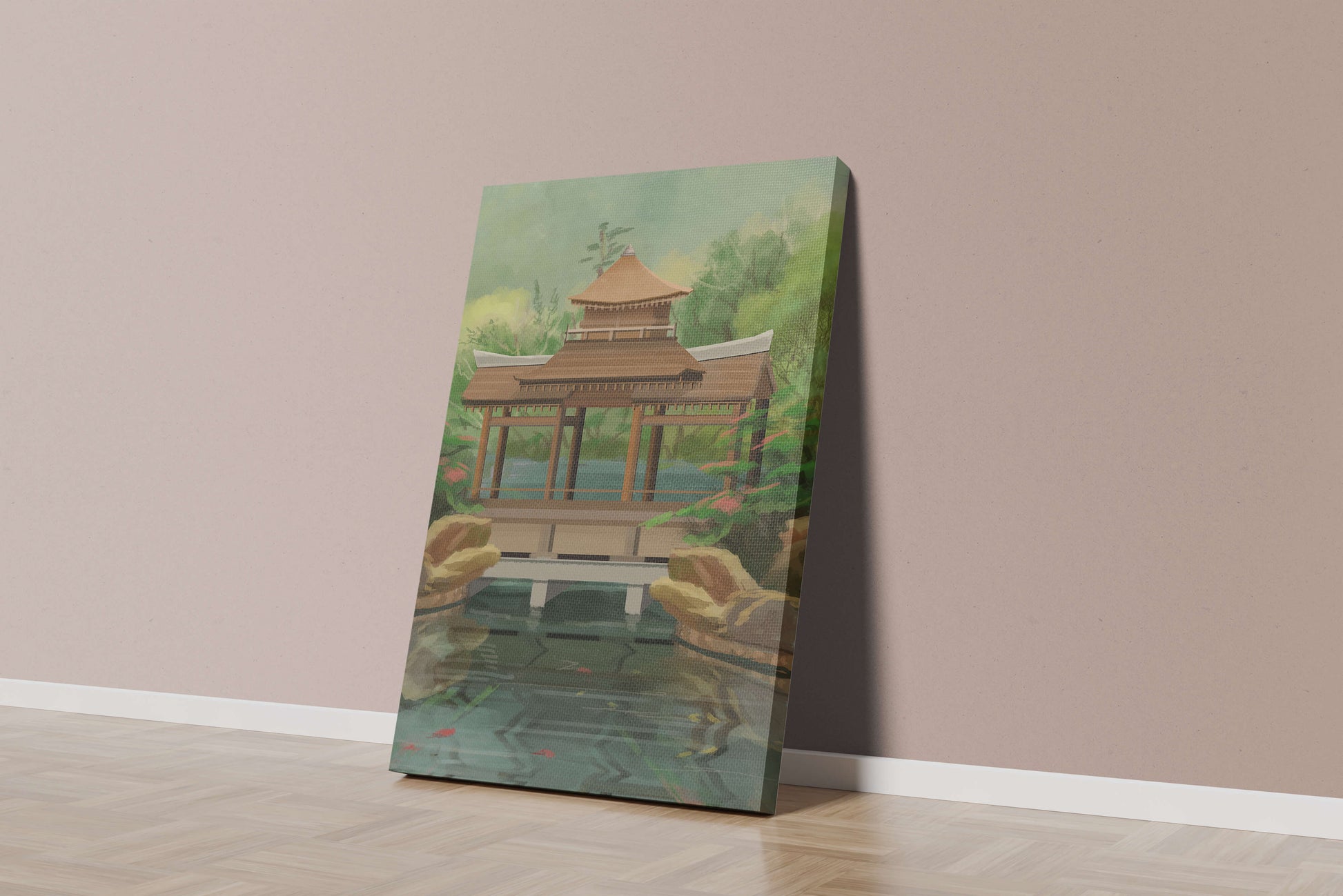 Traditional Japanese Garden Pavilion with Scenic Pond and Lush Greenery