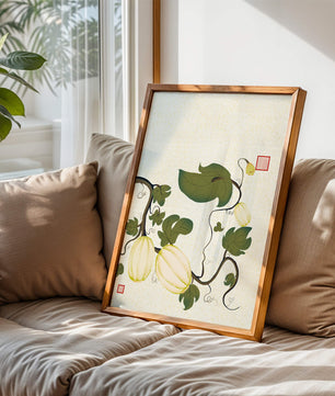 Illustration botanique élégante de melons et de vignes sur un fond texturé
