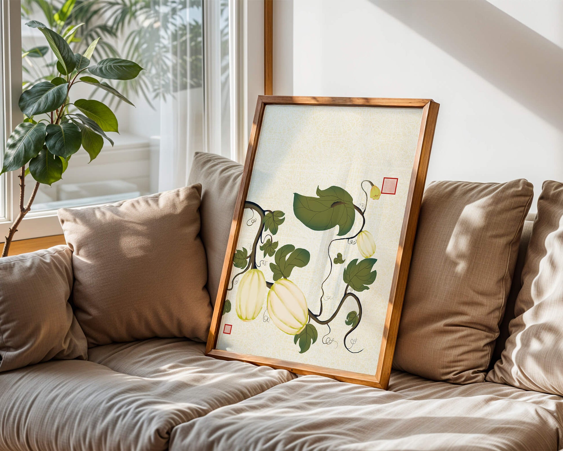 Illustration botanique élégante de melons et de vignes sur un fond texturé