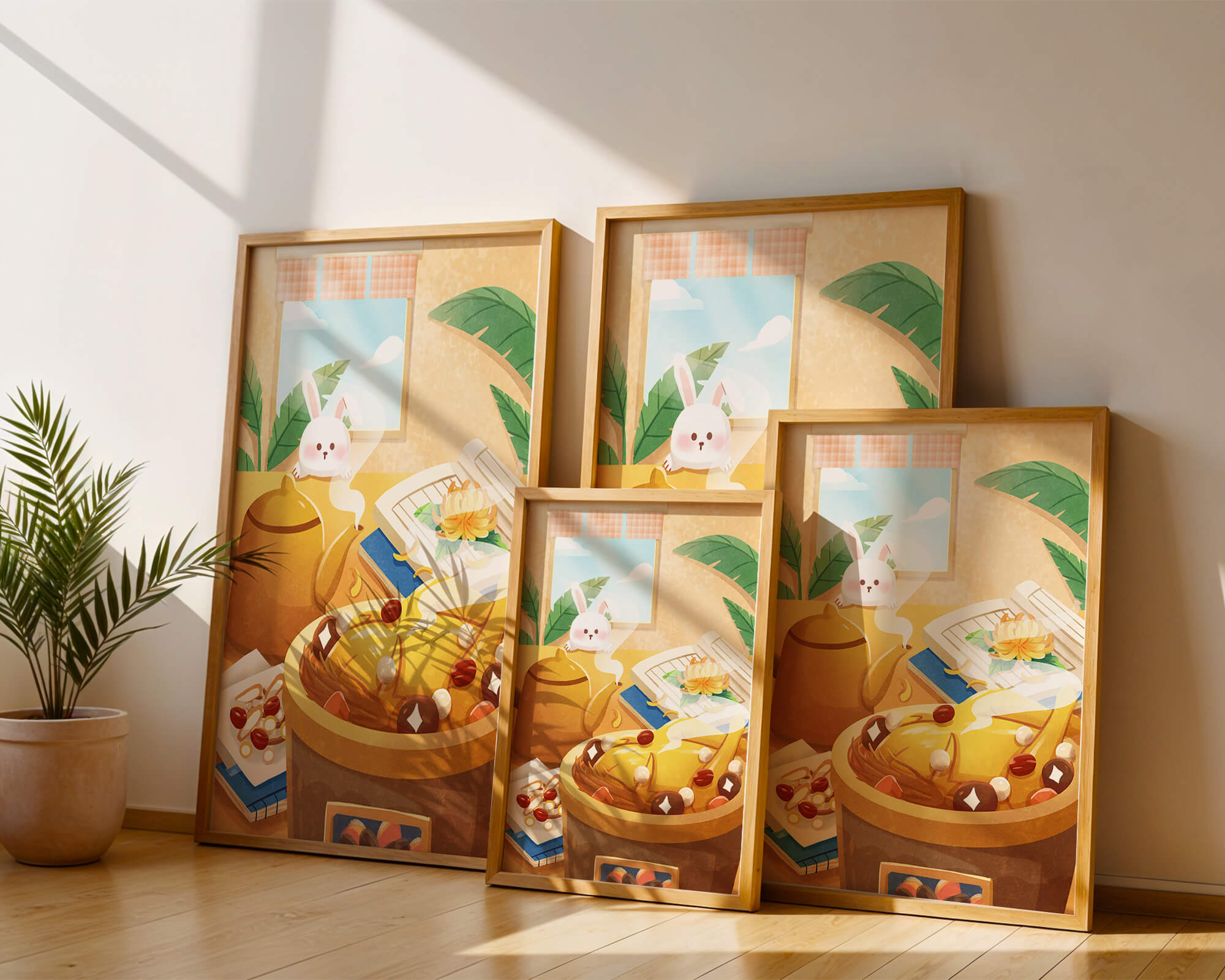 Cozy kitchen scene with cute bunny, teapot, and golden dessert