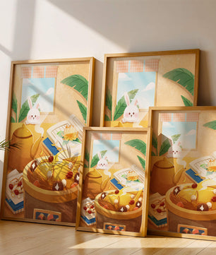 Cozy kitchen scene with cute bunny, teapot, and golden dessert