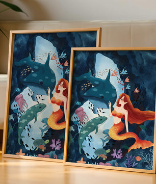 Underwater scene with a mermaid interacting with sea creatures in a vibrant ocean cave