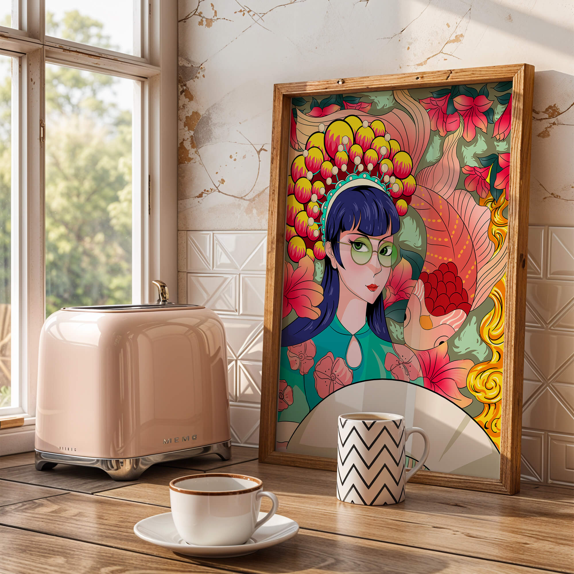 Colorful illustration of a woman with floral headdress and fish background