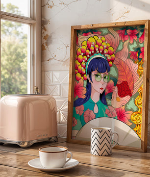 Illustration colorée d’une femme avec une coiffe florale et un fond de poissons