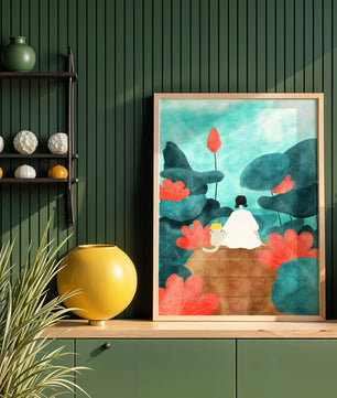 Serene scene with a person and cat among large leaves and flowers