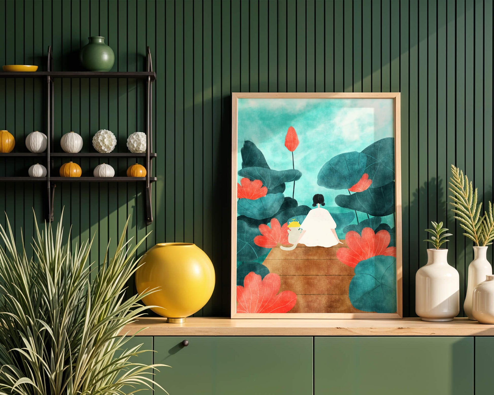 Serene scene with a person and cat among large leaves and flowers