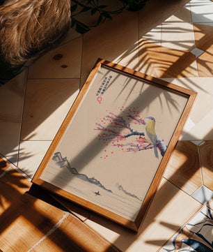 Traditional Chinese painting with bird and blossom branch over tranquil landscape