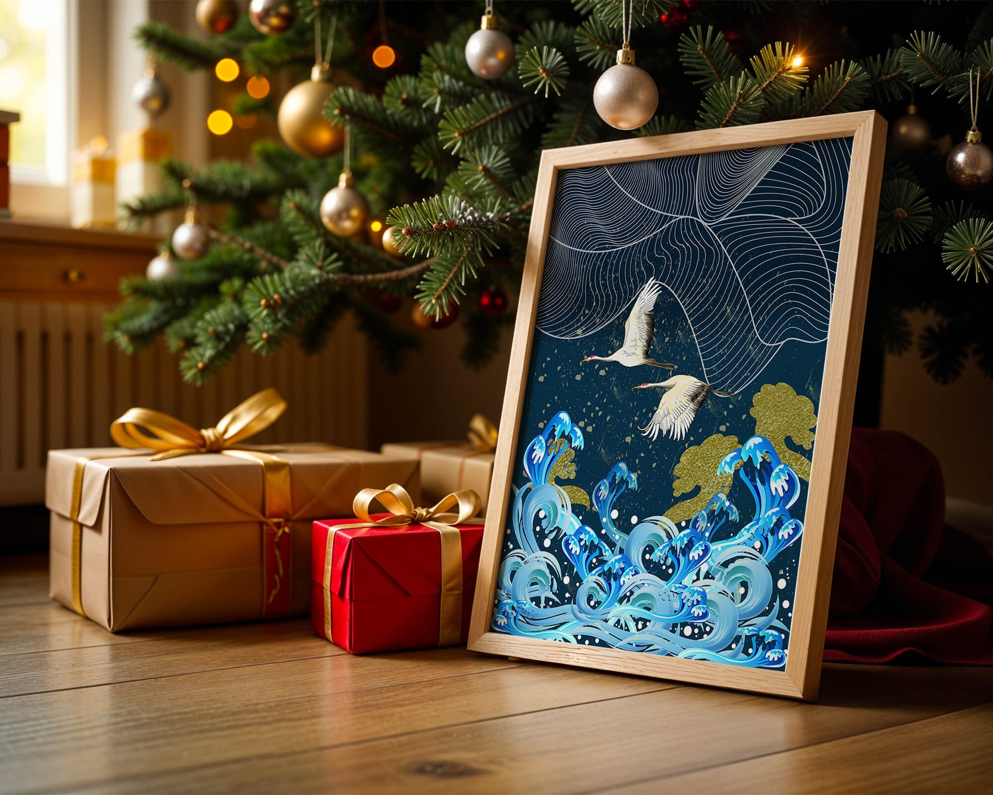 Elegant Cranes Flying Over Golden Waves and Artistic Ocean
