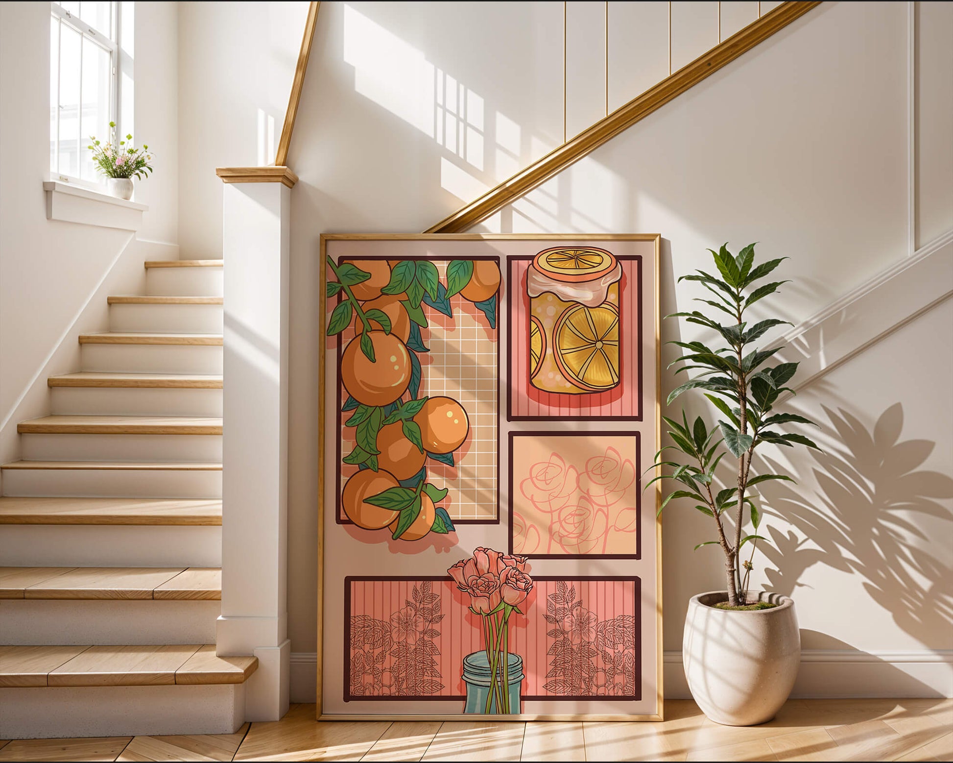 Composición artística con naranjas, frasco de rodajas de limón y rosas sobre fondo geométrico