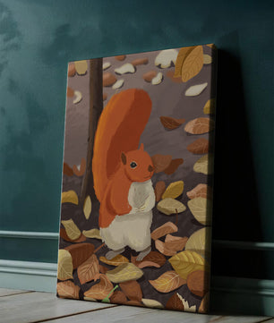 Ilustración de una ardilla adorable entre hojas de otoño