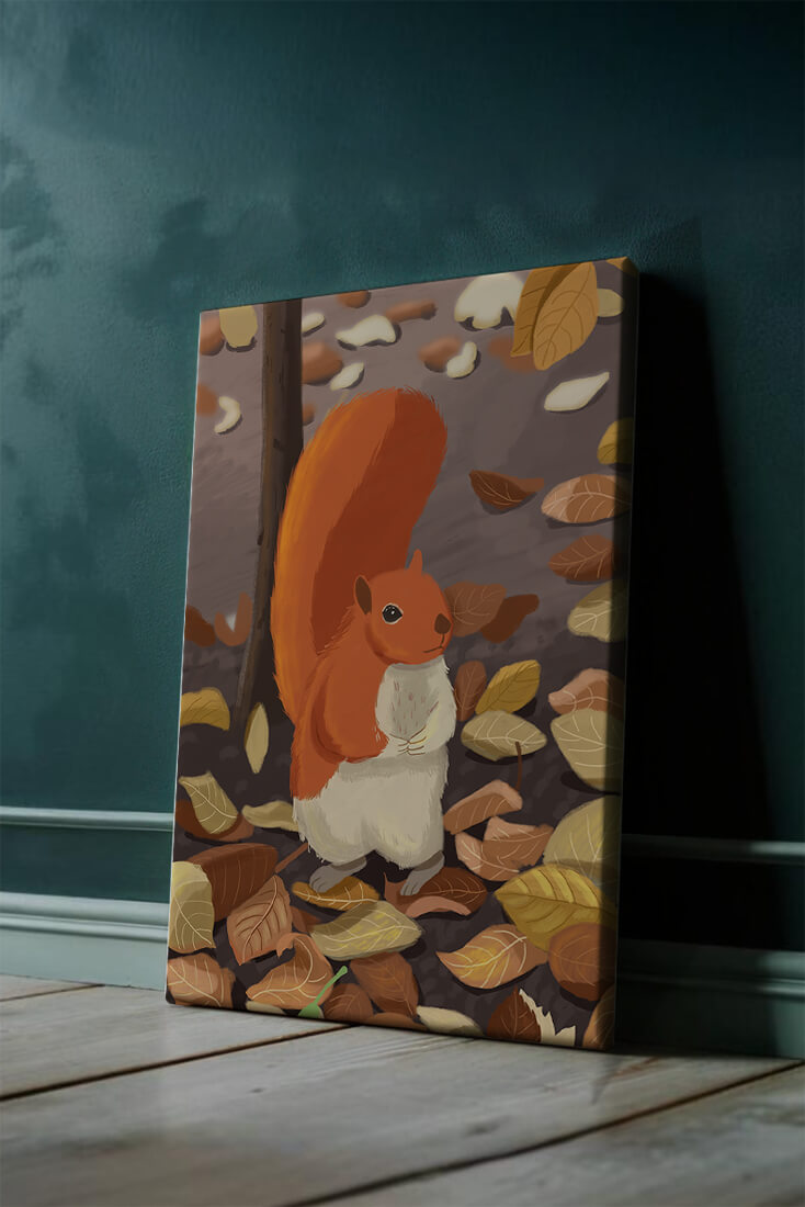 Illustration of a cute squirrel among autumn leaves