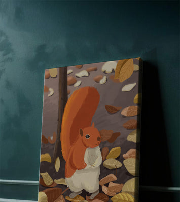 Illustration of a cute squirrel among autumn leaves