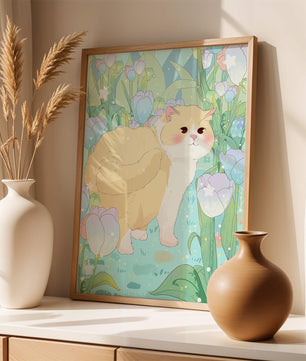 Charmante illustration d’un chat dans un jardin luxuriant de tulipes