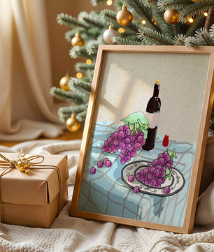 Still Life with Grapes and Wine Bottle on a Checkered Tablecloth - Mi tienda