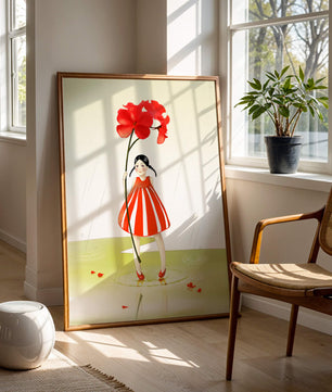 Young girl holding large red flower standing in puddle illustration