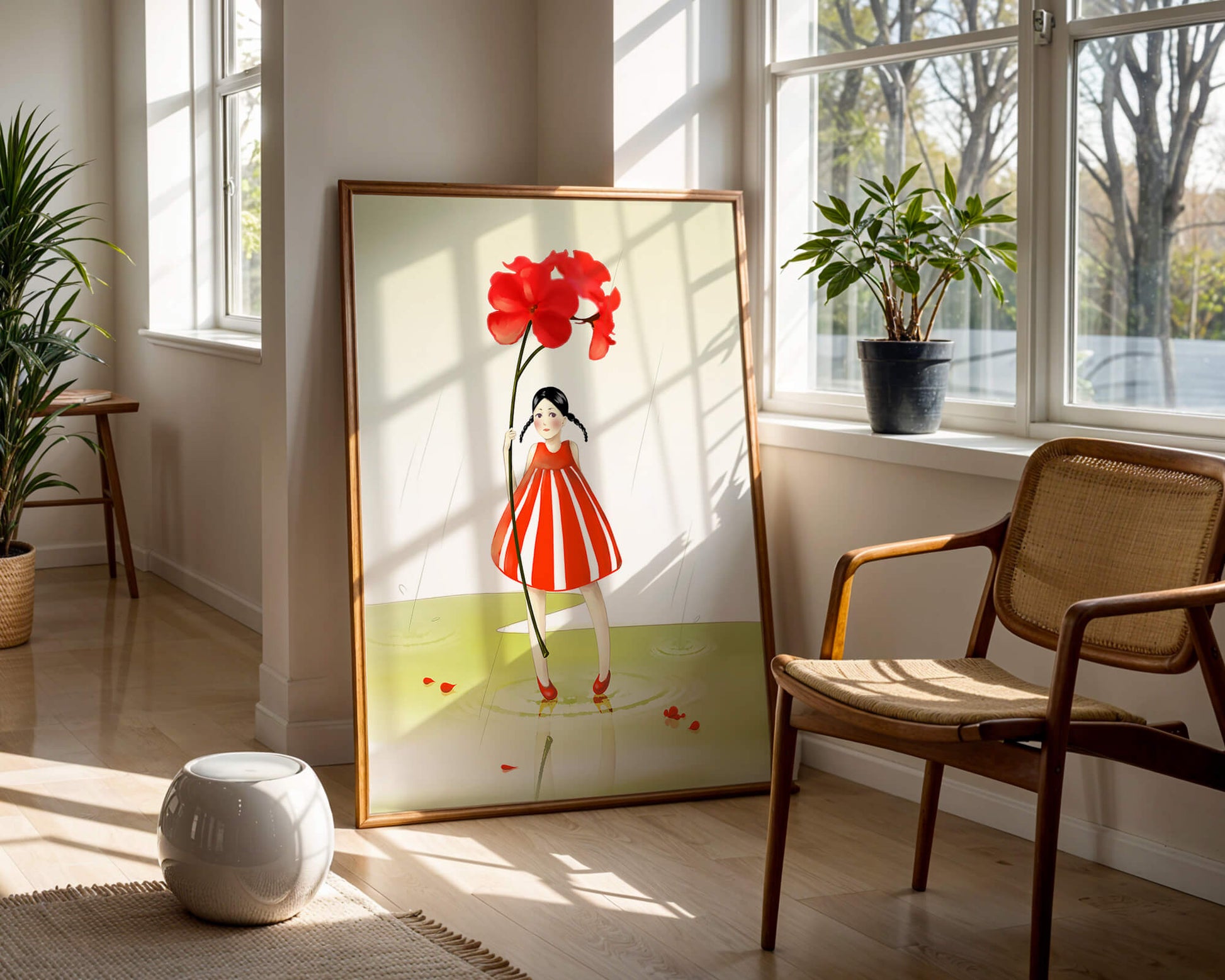 Young girl holding large red flower standing in puddle illustration
