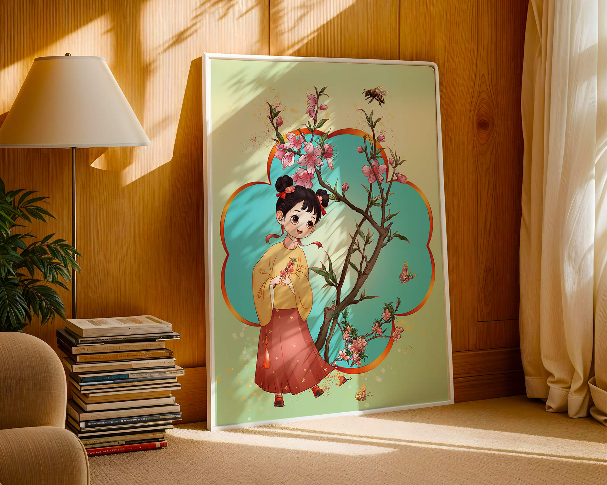 Illustration of a girl with cherry blossoms and butterflies