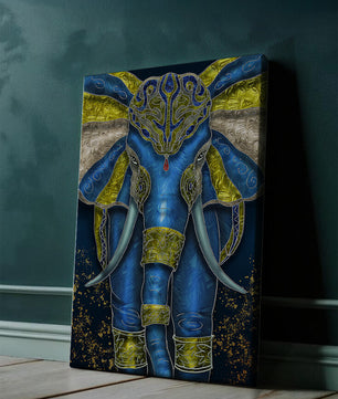 Blue and gold ornate elephant with intricate patterns