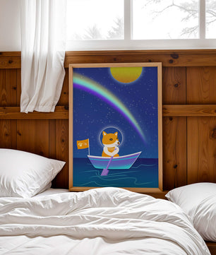 Dog in a Boat Under a Starry Sky with a Rainbow and Sun - Mi tienda