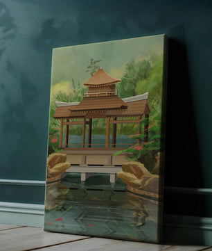 Traditional Japanese Garden Pavilion with Scenic Pond and Lush Greenery