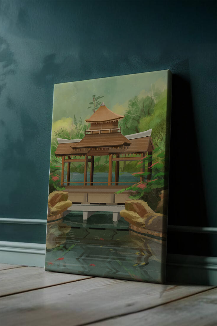 Traditional Japanese Garden Pavilion with Scenic Pond and Lush Greenery
