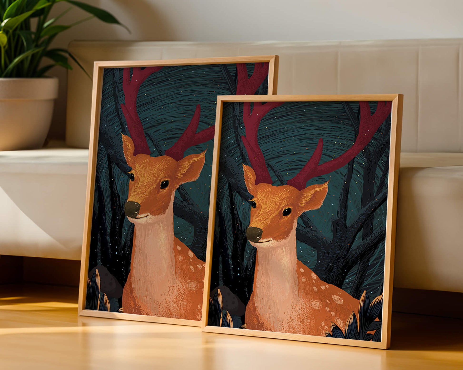 Ilustración de un majestuoso ciervo en un bosque místico