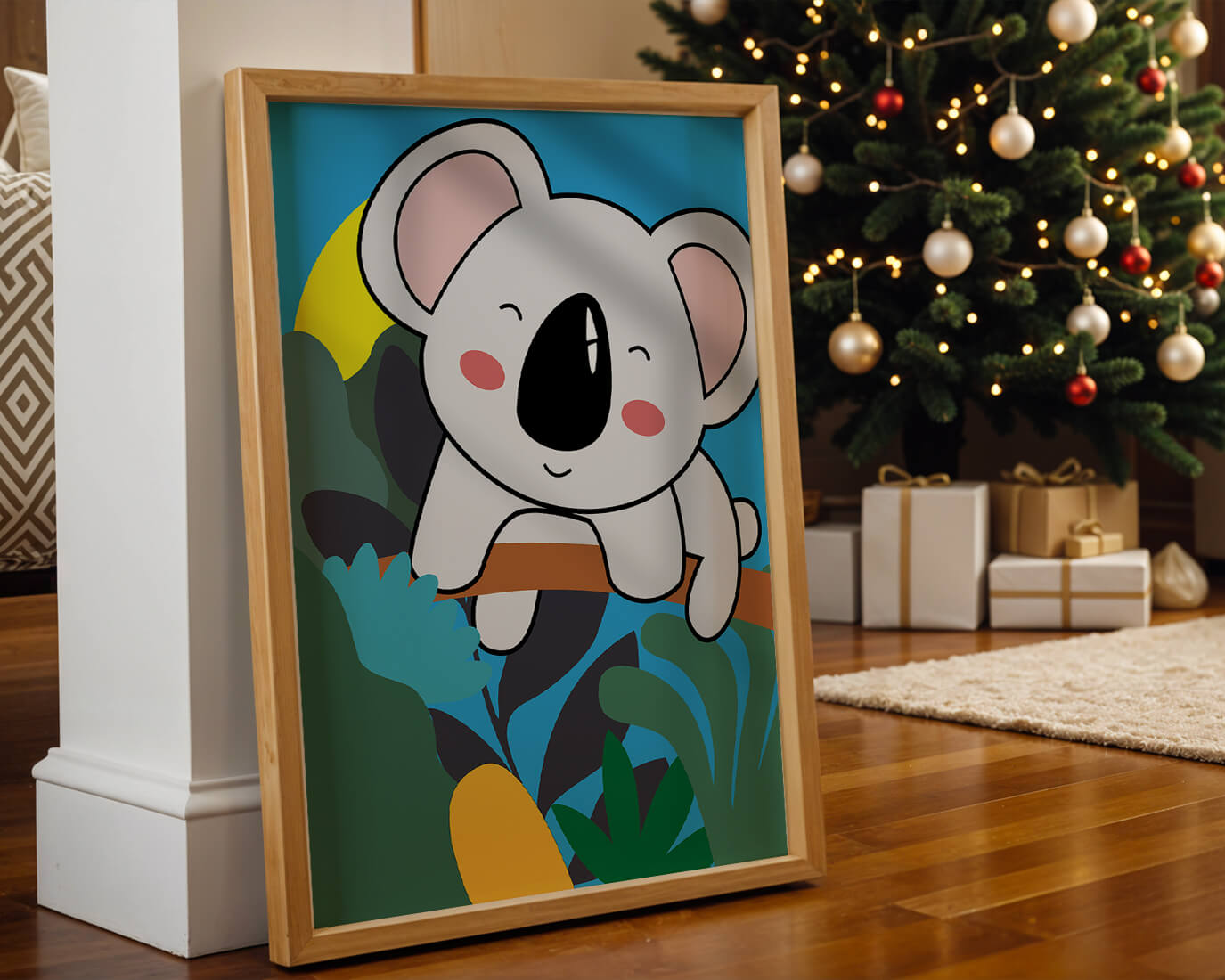 Charming illustrated koala on a branch with vibrant background
