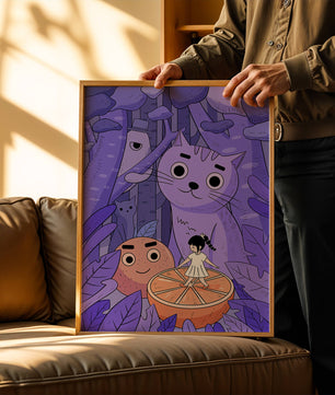 Whimsical forest scene with playful cartoon characters
