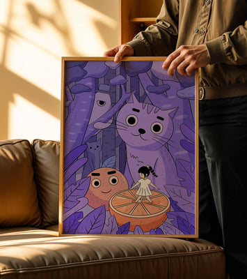 Whimsical forest scene with playful cartoon characters