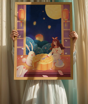 Moonlit Night with Lanterns and Tea Ceremony Featuring Rabbits and Mooncakes
